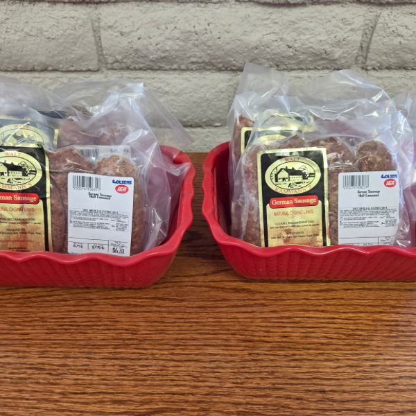 Packages of Walt Kammann's German Sausage in natural casing links, ready to take home
